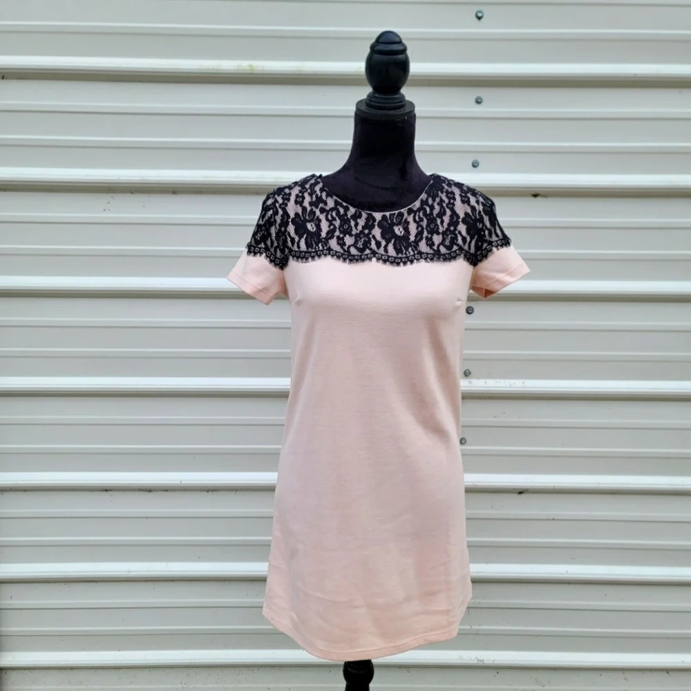 H&M Women's Short Sleeve Blush Black Lace Shift Dress Gold Zip Size S